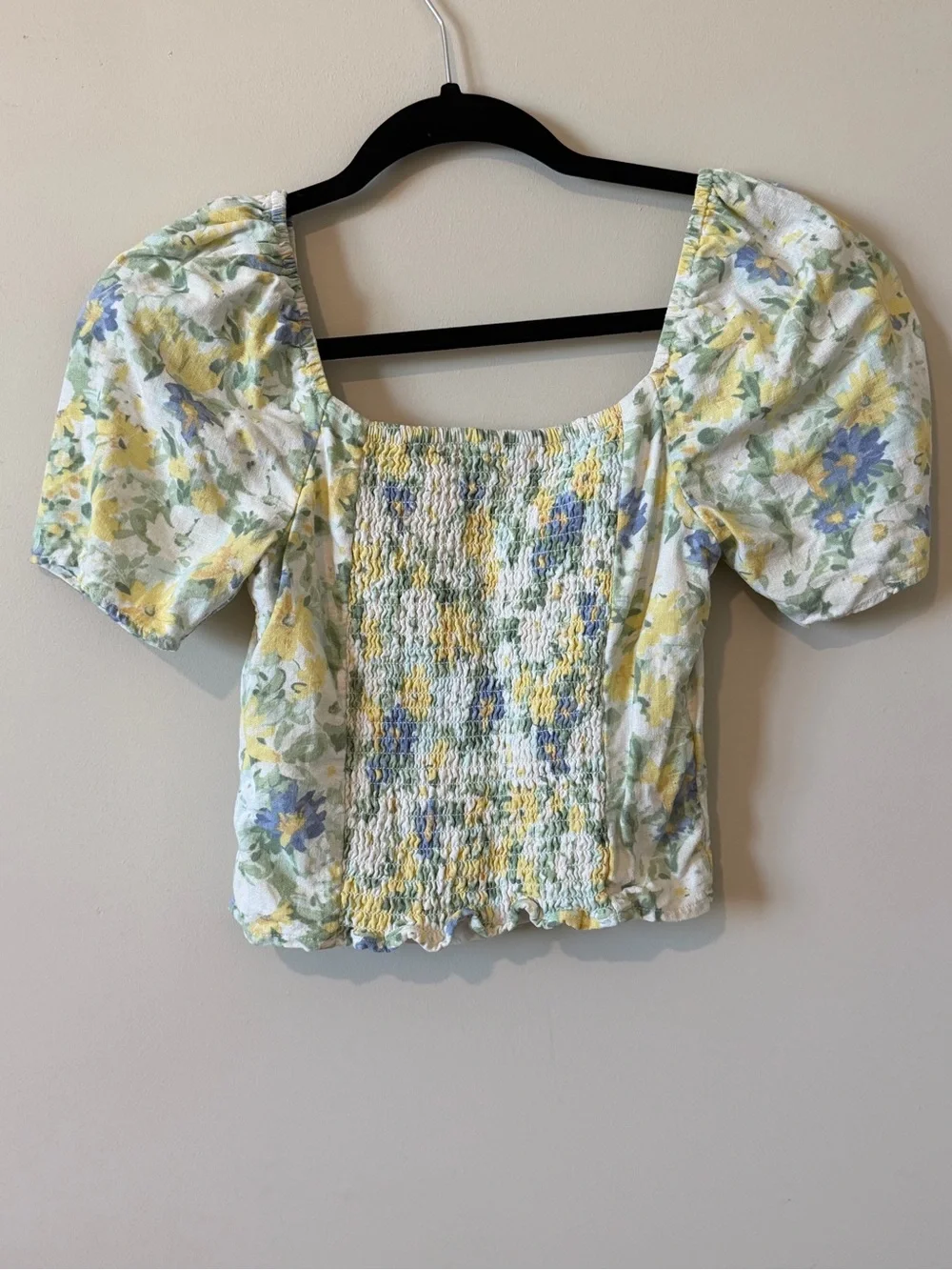 Abercrombie & Fitch Yellow and Blue Floral Puff-Sleeve Square Neck Top